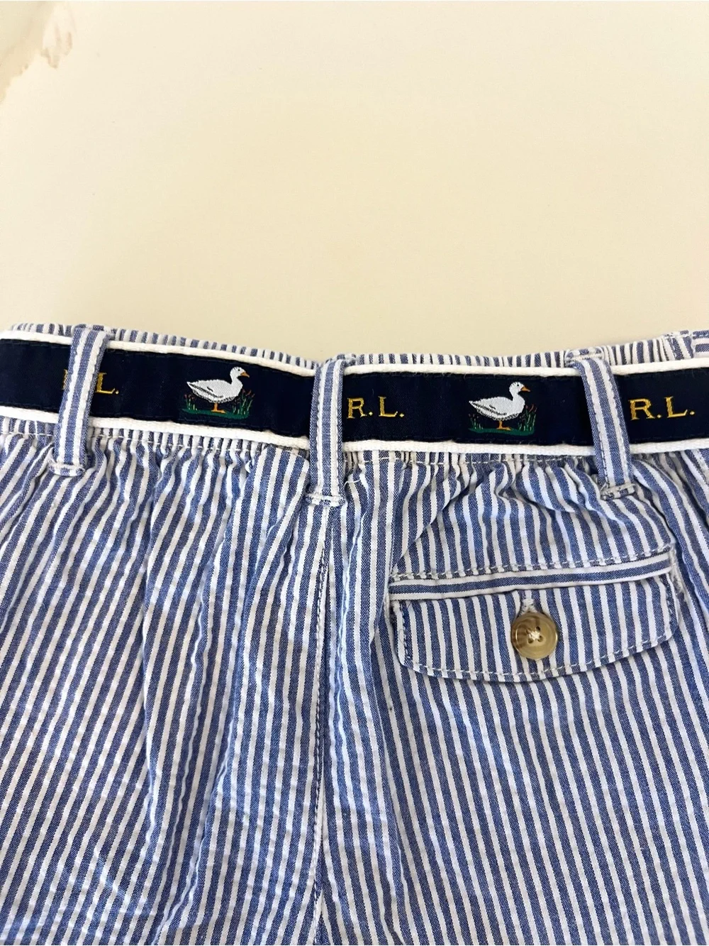 Ralph Lauren Baby Blue Seersucker Stripe Pants with Duck Belt | Size 12M